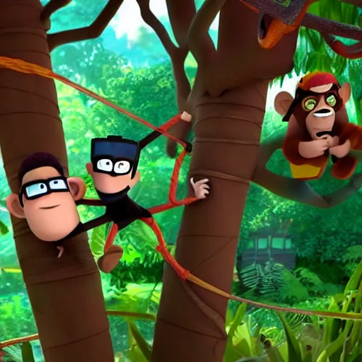Prompt: Fanboy & Chum Chum 3D scene hanging out with a monkey, in a tree house, Accurate characters 4k highly detailed