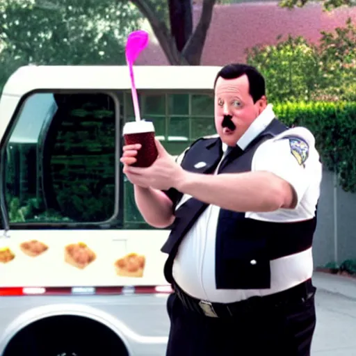 Prompt: paul blart getting hit by an ice cream truck, still from paul blart mall cop