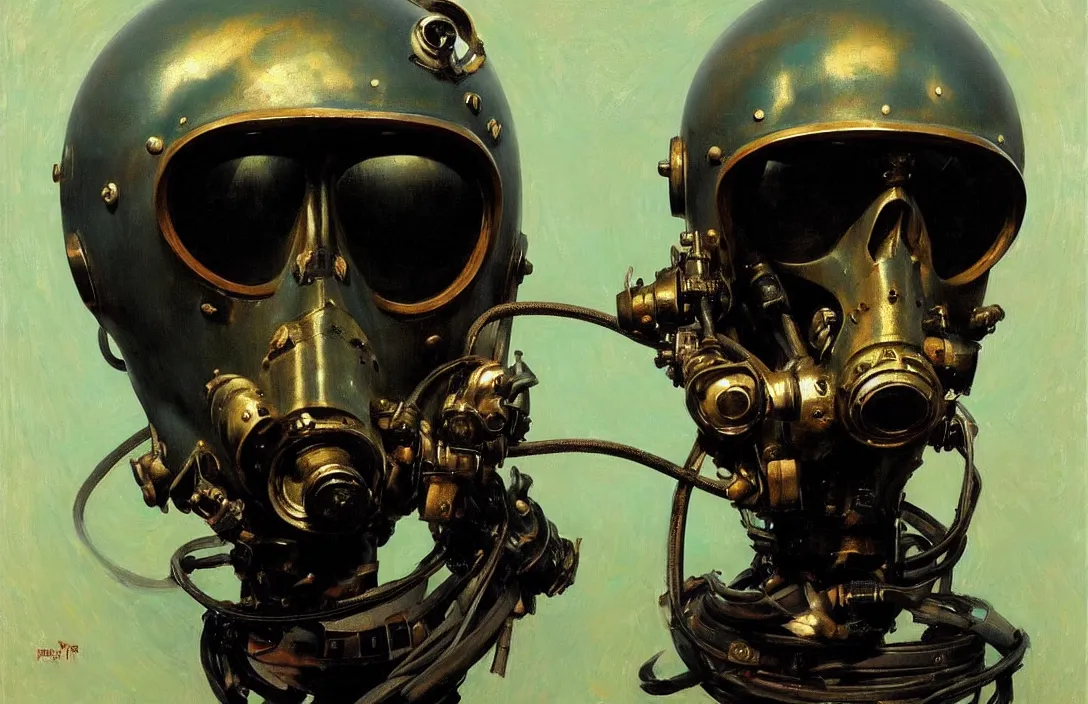 Image similar to portrait of deep sea diver helmet!!!!!!!!!!!!!!!!!!!!!!!!!!!, detailed skull face, detailed painting, epic lighting, by ilya repin, phil hale and kent williams