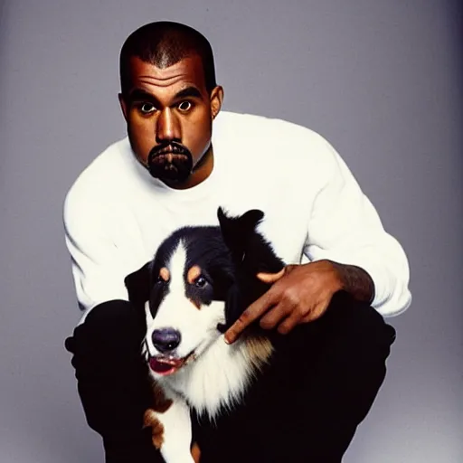 Image similar to Kanye West holding a Border Collie for a 1990s sitcom tv show, Studio Photograph, portrait C 12.0