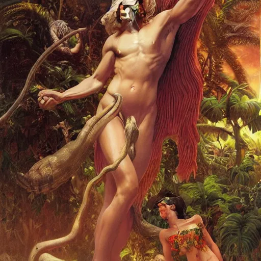 Image similar to Close-up of God being angry in the Garden of Eden. Adam and Eve look very guilty- elegant, highly detailed, centered, digital painting, artstation, concept art, artgerm, donato giancola, Joseph Christian Leyendecker, WLOP, Boris Vallejo, Artgerm