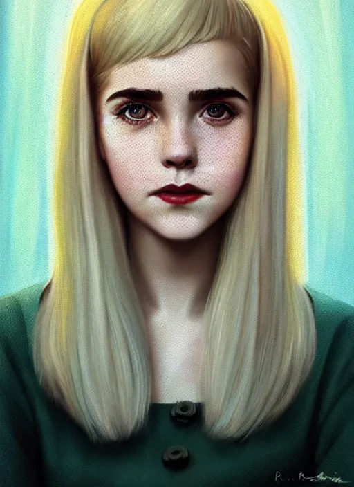 Image similar to portrait of kiernan shipka with freckles, white hair, 1 9 6 0 s bob hairstyle, hairstyle with bangs, 1 9 6 0 s bob hair with bangs and hairband, intricate, elegant, glowing lights, highly detailed, digital painting, artstation, concept art, smooth, sharp focus, illustration, art by wlop, mars ravelo and greg rutkowski