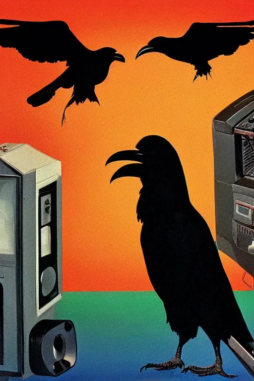 Prompt: a raven standing amongst 8 0 s era technology, vintage shapes, retro technology, pantone color, wayne barlow, oil on canvas, deep depth of field, masterpiece, cinematic composition, hyperdetailed