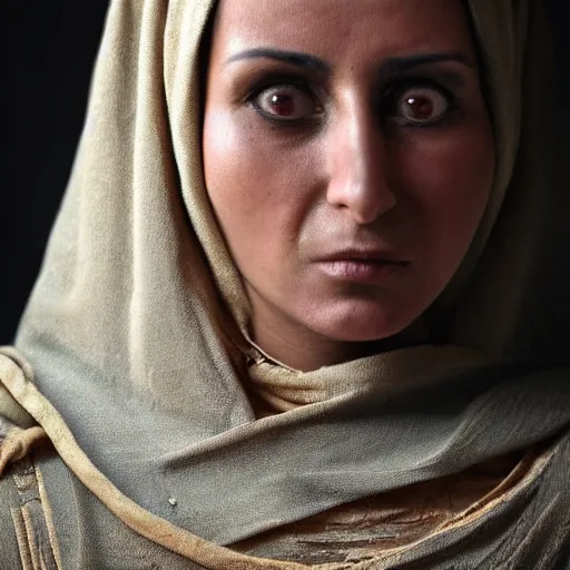 Image similar to intense portrait of 35 year old middle eastern skinned woman in ancient Canaanite clothing