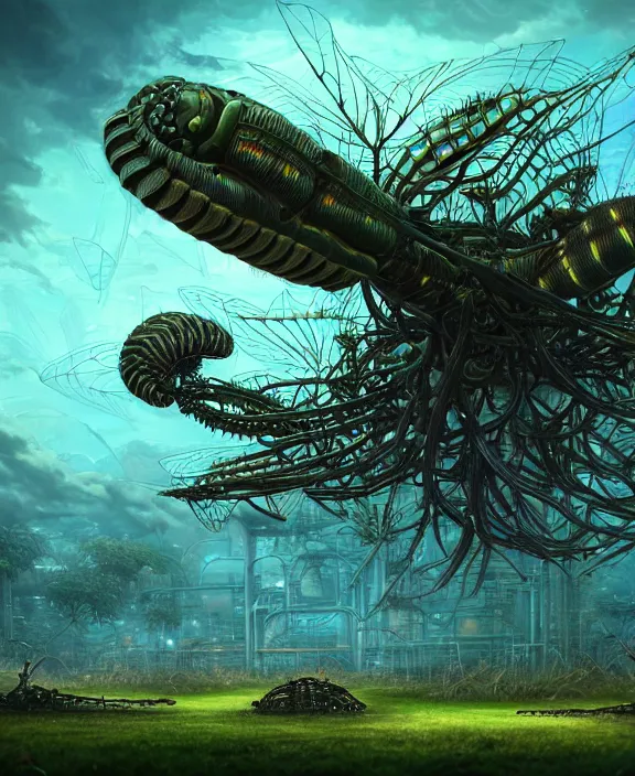 Image similar to a giant weird industrial plant made out of isopod dragonflies, in the style of a strange asymmetrical spaceship, overgrown with disturbing orchids, partly cloudy, somber, dramatic lighting, by dan mumford, yusuke murata, makoto shinkai, ross tran, cinematic, unreal engine, cel shaded, featured on artstation, pixiv