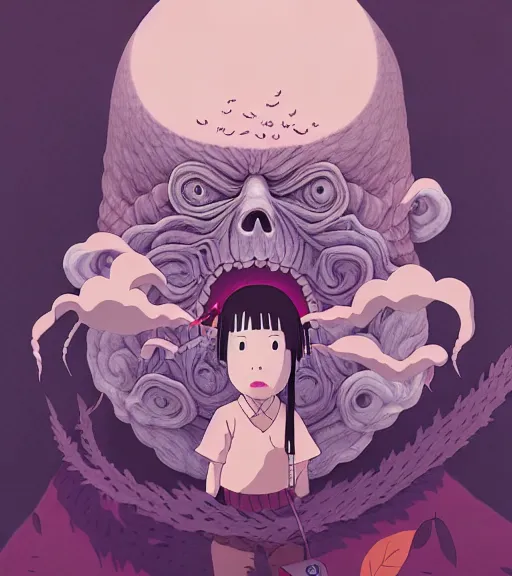 Prompt: portrait, nightmare anomalies, leaves with spirited away by miyazaki, violet and pink and white palette, illustration, kenneth blom, mental alchemy, james jean, pablo amaringo, naudline pierre, contemporary art, hyper detailed