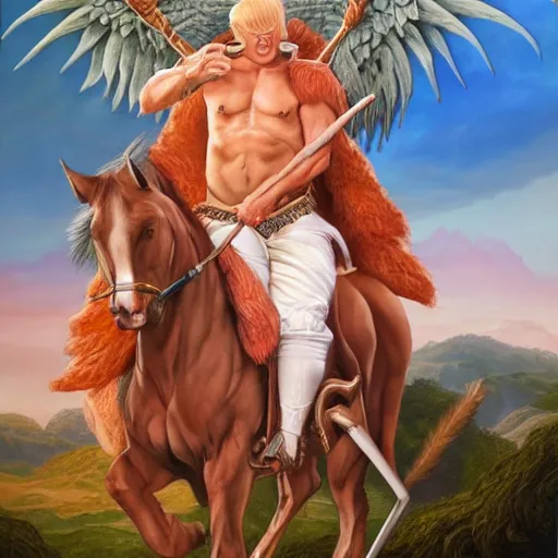 Image similar to a detailed fantasy character portrait of Donald Trump as a Centaur king of arts by lauri blank, artgerm, evelyn de morgan, 8K, 50mm lens