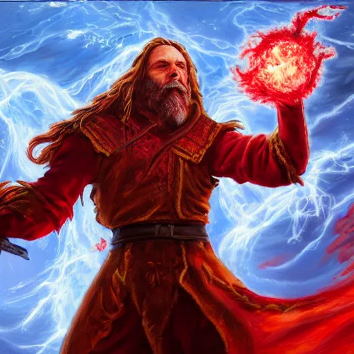 Image similar to Highly detailed oil painting, concept art, of a wizard casting a fireball spell, fighting against a huge ice giant, red and blue color scheme, concept art, highly detailed.