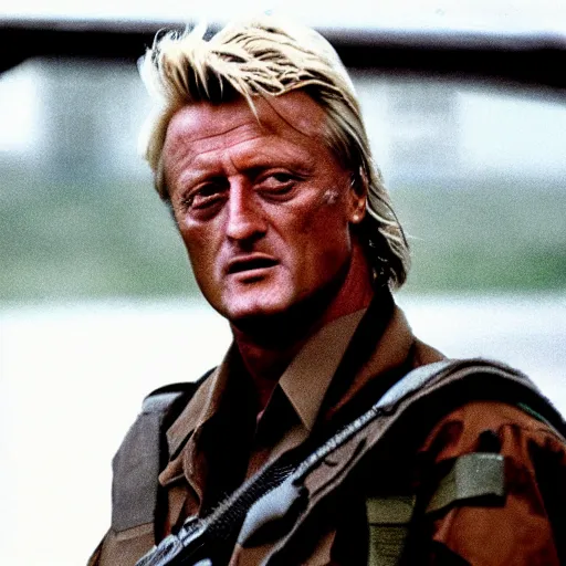 Image similar to rutger hauer in a military base, 1 9 8 7, movie still