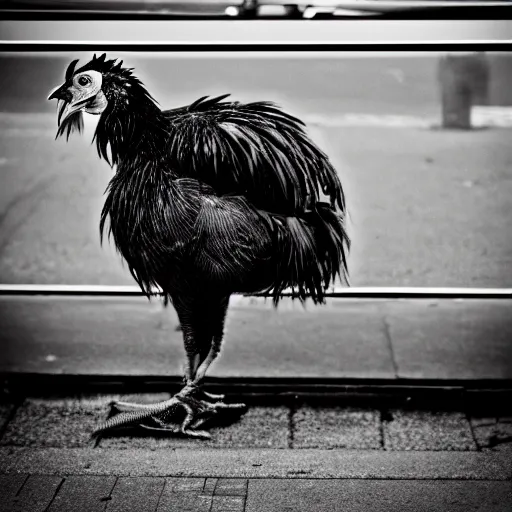 Image similar to dramatic photo of an emo chicken sitting at a bus stop, heartbreaking, emotional, black and white, focal point, closeup, inspirational.