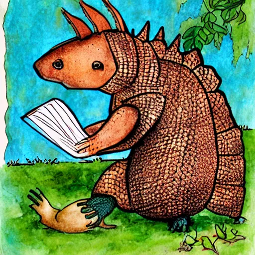 Image similar to armadillo reading the bible children's storybook illustration, ink and watercolor