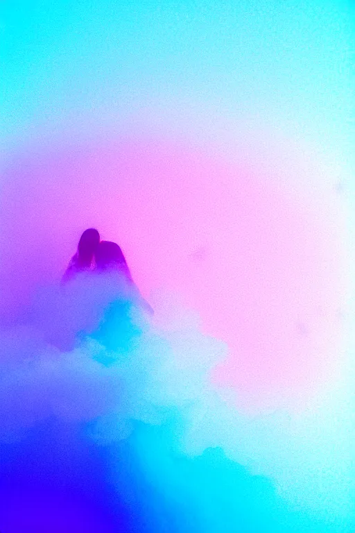 Image similar to high quality pastel coloured film close up wide angle photograph of a model wearing clothing swimming on cloud furniture in a icelandic black rock!! environment in a partially haze filled dreamstate world. three point light, rainbow. photographic production. art directed. pastel colours. volumetric clouds. pastel gradient overlay. waves glitch artefacts. extreme facial clarity. 8 k. filmic.