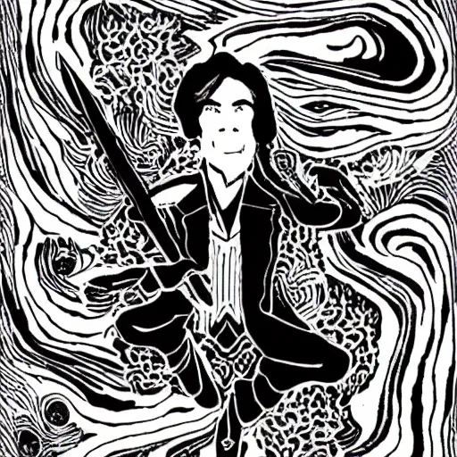 Prompt: black and white pen and ink!!!! Twin Peaks Black Lodge goetic George Harrison golden!!!! Vagabond!!!! floating magic swordsman!!!! glides through a beautiful!!!!!!! floral!! battlefield dramatic esoteric!!!!!! pen and ink!!!!! illustrated in high detail!!!!!!!! by Koyoharu Gotouge and Hiroya Oku!!!!!!!!! graphic novel published on 2049 award winning!!!! full body portrait!!!!! action exposition manga panel black and white Shonen Jump issue by David Lynch eraserhead and Frank Miller beautiful line art Hirohiko Araki