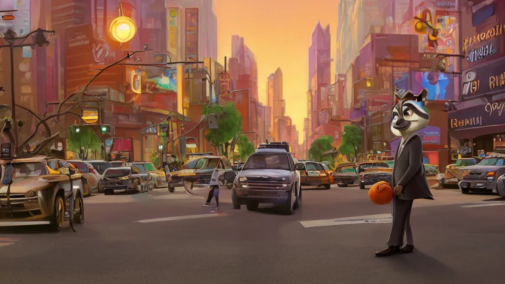 Image similar to An anthropomorphic raccoon businessman is walking down a busy crosswalk at sunset, warm lighting with an orange glow blanketing the cityscape, zootopia, other anthropomorphic characters are walking by him, extremely detailed, HDR, sideview, solemn and moody, many cars and animal people in the background, detailed face and eyes, large and detailed eyes with visible pupils, the road is wet with many rain puddles, reflections from the water on the ground, shadows are being cast from the cars and people walking around, raining