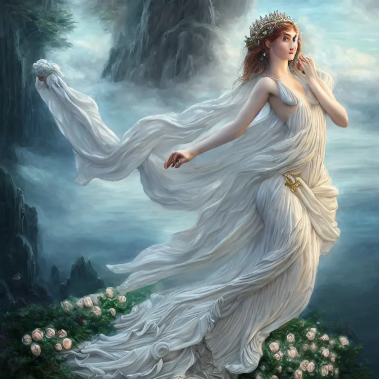 Prompt: meredit frampton style : the goddess of the lake with a large magnificent vaporous wrapped hight decorated, detailed, white roses organze cotton dress, highly detailed, d & d, water everwhere fantasy, highly detailed, digital painting, trending on artstation, concept art, sharp focus, global illumination, ray tracing, illustration, art by artgerm, fine art