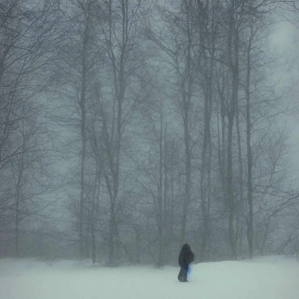 Image similar to photo, bigfoot is hiding in the background. cold color temperature, snow storm. hazy atmosphere. humidity haze. kodak ektachrome, greenish expired film, award winning, low contrast