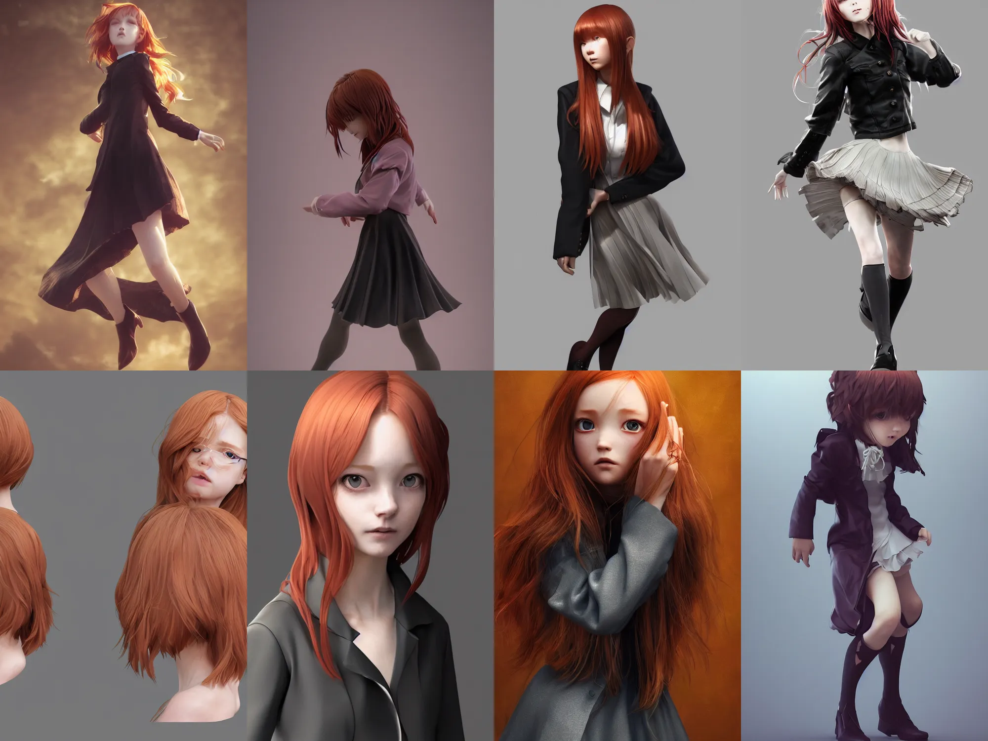 Prompt: Very complcated dynamic composition, realistic by WLOP at Pixiv, Zbrush sculpt colored, Octane render in Maya and Houdini VFX, young redhead girl in motion, wearing jacket and skirt, silky hair, black stunning deep eyes. By ilya kuvshinov, krenz cushart, Greg Rutkowski, trending on artstation. Amazing textured brush strokes. Cinematic dramatic soft volumetric studio lighting