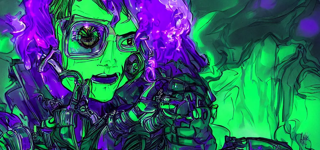 Prompt: green crystal monster exhaling violet toxic smoke, neon purple, cyberpunk, digital art, very detailed, high quality
