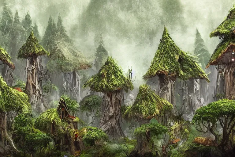 Image similar to a wood elf village suspended high in the redwood tree canopy, fantasy setting, dense vegetation, very detailed, d & d concept art, 4 k