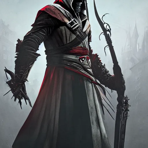 Image similar to an ultra detailed vector image of ezio auditore dressed as the hunter from bloodborne, concept art by alphonse mucha and greg rutkowski, praise the blood moon, octane render, liminal space