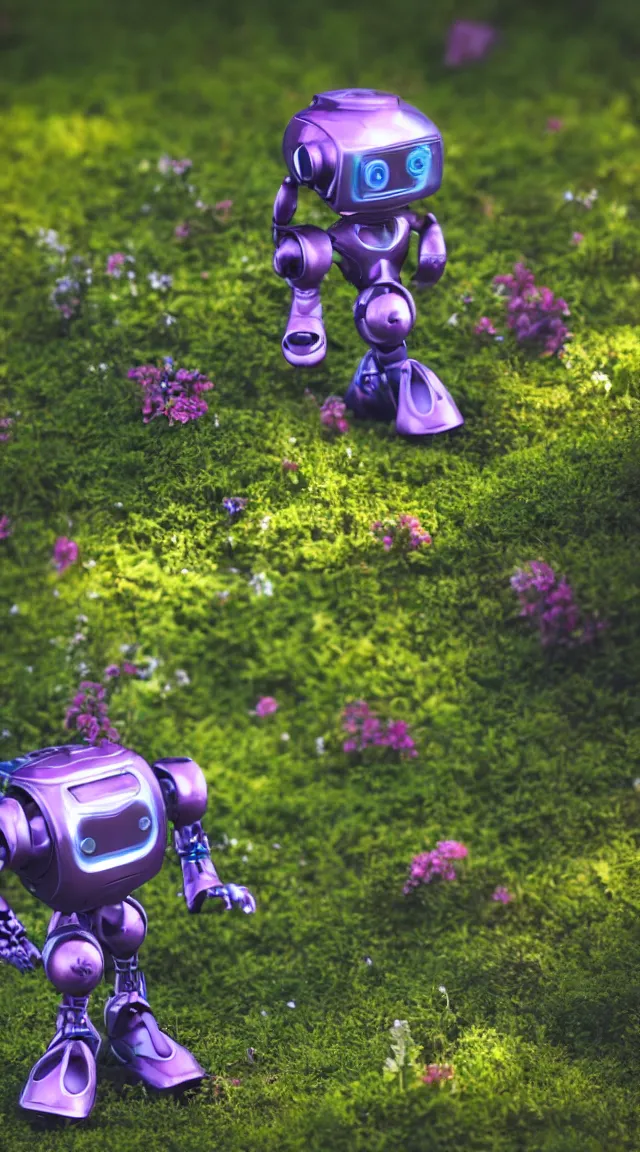 Image similar to small toy robot in a garden, hyper detailed, sharp focus, bokeh, unreal engine, ray tracing, cute, fantasy, sci fi, purple lights, tiny, small