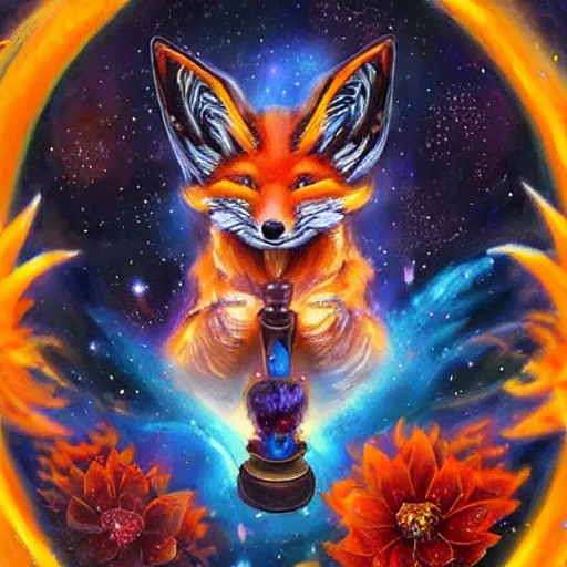 Prompt: a painted avatar portrait of an awesome cosmic powerful kitsune fox mage being themed around death and the stars and the cosmos, covered in flowers, holding an enchanted dagger, in the style of dnd beyond avatar portraits, beautiful, artistic, elegant, lens flare, magical, lens flare, nature, realism, stylized, art by jeff easley