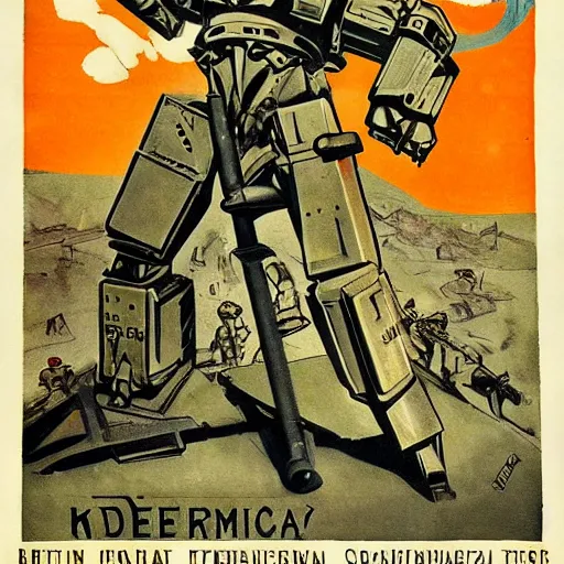 Prompt: wwi deiselpunk soviet battle mech propaganda art