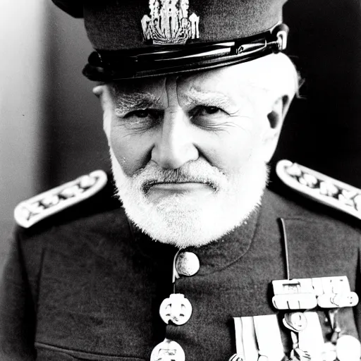 Image similar to his majesty the king, a gruff man in his late 8 0 s with a stern look and flowing white hair, his military uniform filled with medals, black and white photography, kodak retina i, 3 5 mm, photo taken 1 9 3 3