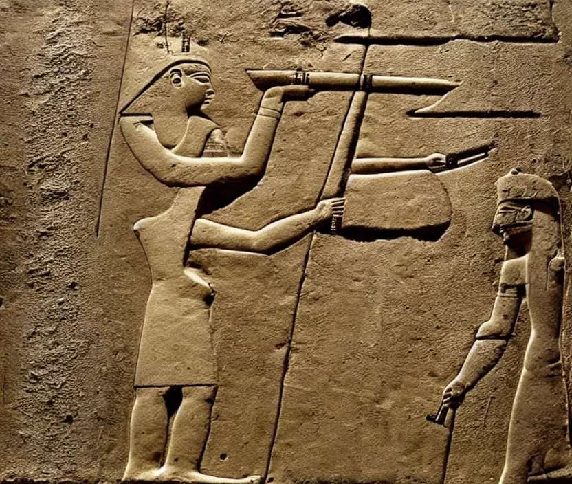 Image similar to ancient egyptian relief of a man shooting a bolt action rifle