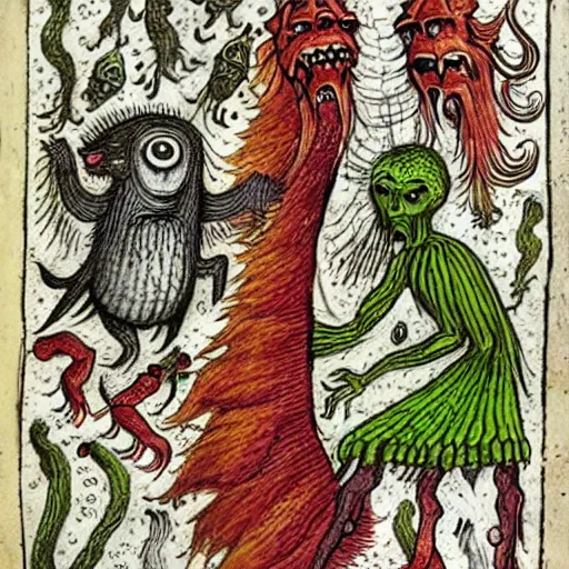 Prompt: medieval bestiary of repressed emotion monsters and creatures starting a fiery revolution in the psyche, in the style of COdex Seraphinianus