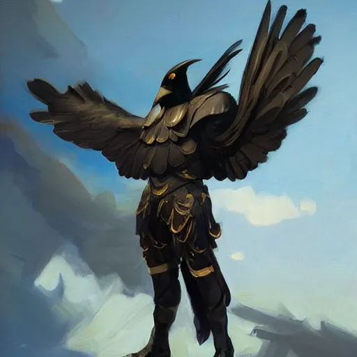 Prompt: greg manchess portrait painting of a crow inspired armor, open wings, medium shot, asymmetrical, profile picture, organic painting, sunny day, matte painting, bold shapes, hard edges, street art, trending on artstation, by huang guangjian and gil elvgren and sachin teng