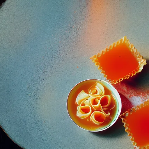 Prompt: a vibrant still life photograph of tomato consomme and smoked ricotta tortelli, kodak portra, f 1. 8, gastronomica magazine