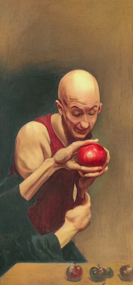 Image similar to painting of a bald man from the 1 9 3 0 looking at an apple with an amazed expression