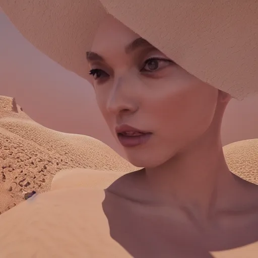 Image similar to a gorgeous goddess face arising out of the desert sand, photorealistic, beautiful dynamic dramatic, shadows, cinematic atmosphere, octane render, 8 k