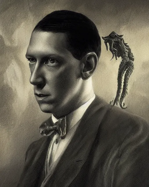 Image similar to portrait of a 1 9 2 0 s h p lovecraft with a miniature cthulhu perched on his shoulder, scholarly appearance, detailed face, 2 0 th century, highly detailed, cinematic lighting, digital art painting by greg rutkowski