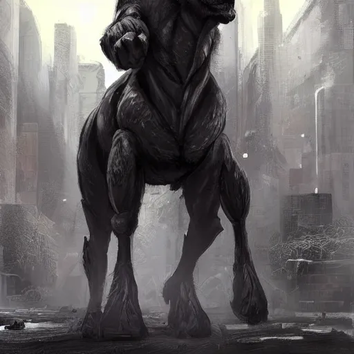 Prompt: a massive musclebound black - furred male anthro horse in a tactical outfit in a city warzone, absurdly muscular physique, furaffinity, furry art, highly detailed, digital painting, artstation, sharp focus, smooth, concept art, illustration, art by artgerm, greg rutkowski, wlop