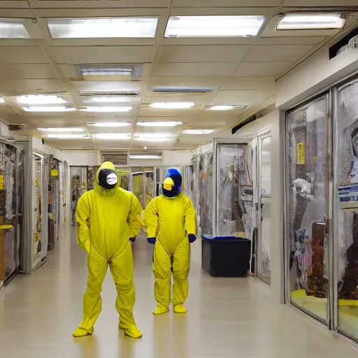 Prompt: 3 people in hazmat suits in a space which resembles the back rooms of a retail outlet, spanning approximately 600 million square miles. All rooms throughout Level 0 share the same superficial aspects: mono-yellow wallpaper, old moist carpet, and inconsistently placed fluorescent lighting. Beyond these main features, no two rooms are identical. 4k, HD, photorealistic