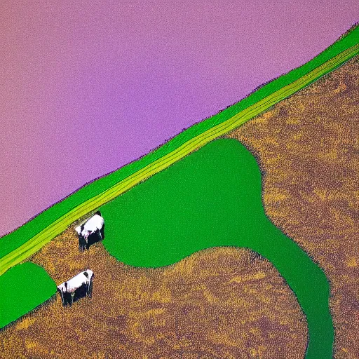 Image similar to cows casting a shadow being abducted by ufo in summer night from pasture. aerial view, minimalism, precisionist in style of patrick nagel, purple and green gamma with contrast and shadows