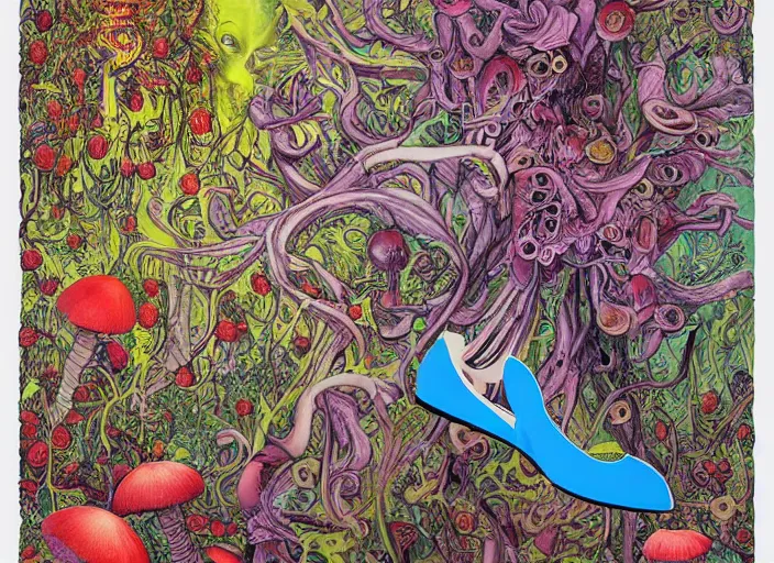 Prompt: a surreal painting of a shoe, surrounded by toxic mushrooms, poster art by android jones and h. r. giger, behance contest winner, generative line art, made of flowers and berries, grotesque, concert poster