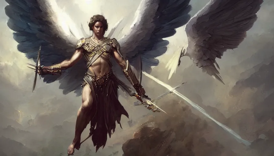 Prompt: A beautiful painting of archangel michael by greg rutkowski and Kalin Popov , Trending on artstation HD.