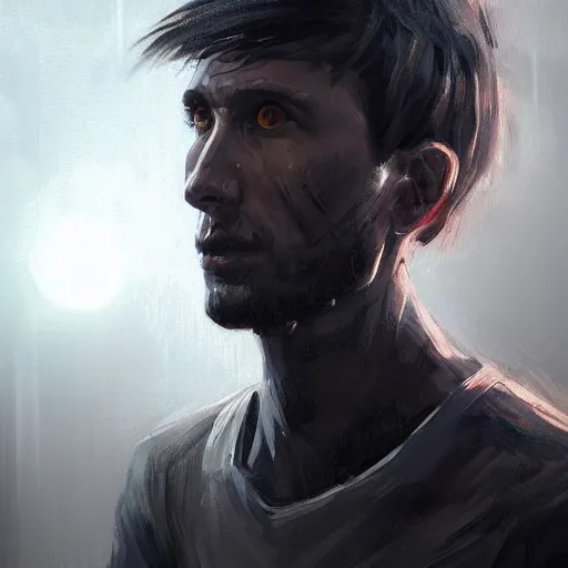 Image similar to portrait of a shocked man by greg rutkowski, he is about 3 0 years old, short black hair with bangs, scared and incredulous, very tall and slender, he is wearing futuristic space gear, highly detailed portrait, digital painting, artstation, concept art, smooth, sharp foccus ilustration, artstation hq