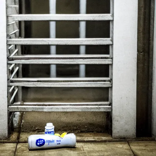 Image similar to bottle of milk inside a jailcell behind bars on the dirty floor