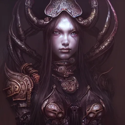 Image similar to a highly detailed long shot photo of chthonic warcraft female character by ayami kojima, beksinski, giger, intricate, digital painting, artstation, intricate, concept art, smooth, sharp focus, illustration