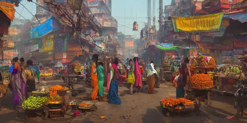 Prompt: A beautiful, surreal, India in a cyberpunk futuristic setting, people haggling with street vendors, ladies buying vegetables, full of details, hyper realistic, trending on artstation, 8K, HD