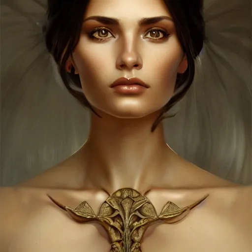 Prompt: Italian Supermodel, olive skin, long dark hair, beautiful bone structure, intricate, elegant, highly detailed, digital painting, artstation, concept art, smooth, sharp focus, illustration, art by artgerm and greg rutkowski and alphonse mucha