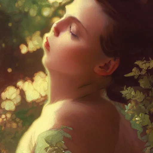 Prompt: a beautiful closeup portrait of a young vivian leigh, forest background, serene colors, dramatic light, gorgeous view, depth, high detail, digital art, painted by alphonse mucha and greg rutkowski, trending on artstation