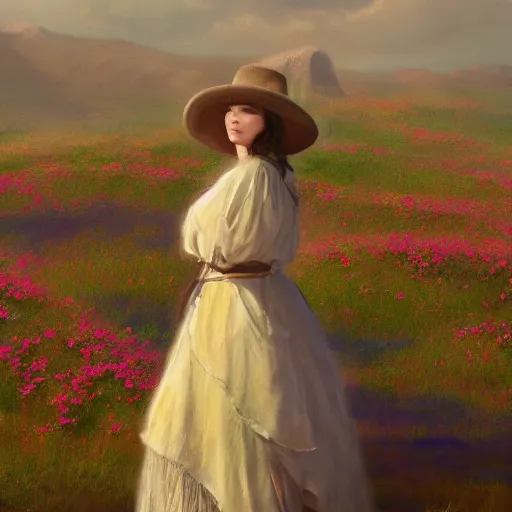 Prompt: a matte painting of the wild west, woman standing in patchy flower, oil painting, pale colors, high detail, 8 k, wide angle, trending on artstation,