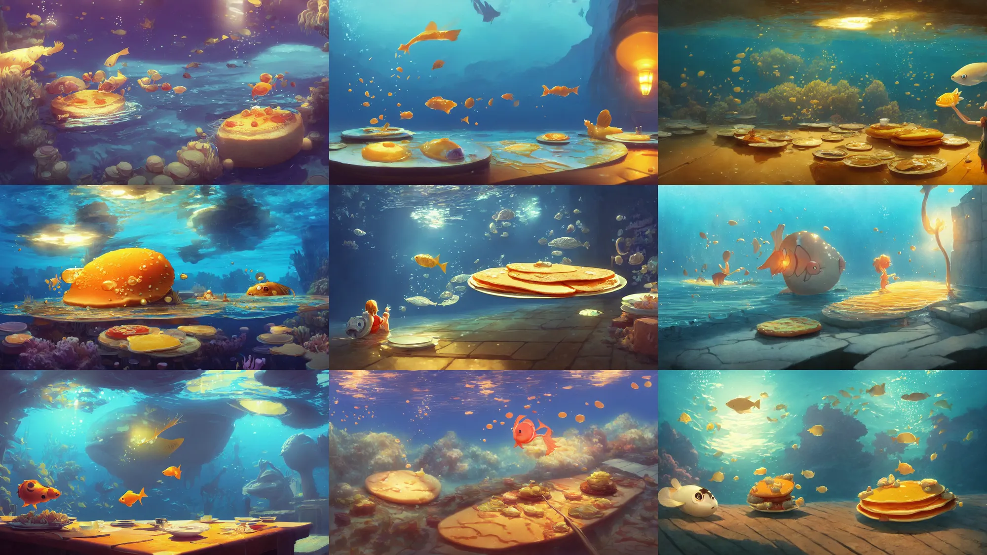 Image similar to digital underwater art of a happy flat pancake fish swimming in syrup, cute, 4 k, fish made of pancake, fantasy food world, living food adorable pancake, vivid atmospheric lighting, by makoto shinkai, studio ghibli, greg rutkowski, ross tran