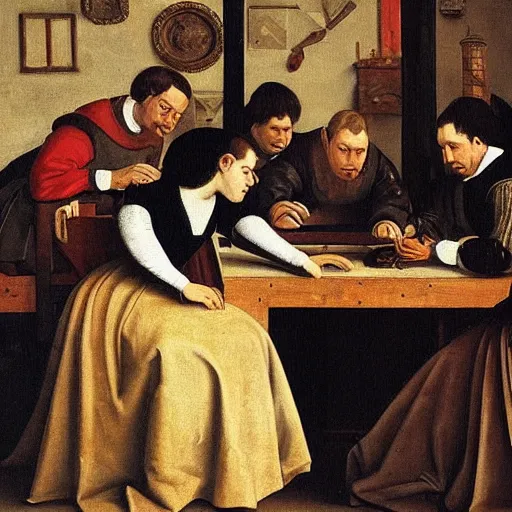 Image similar to a painting of a medieval era group of people looking at a computer in the style of diego velazquez