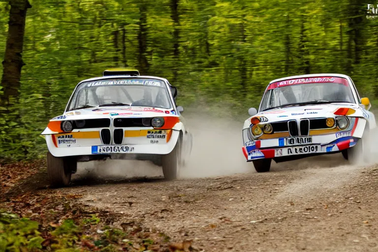 Image similar to A BMW 2002 rally car driving past a swedish village in the woods, high-speed sports photography